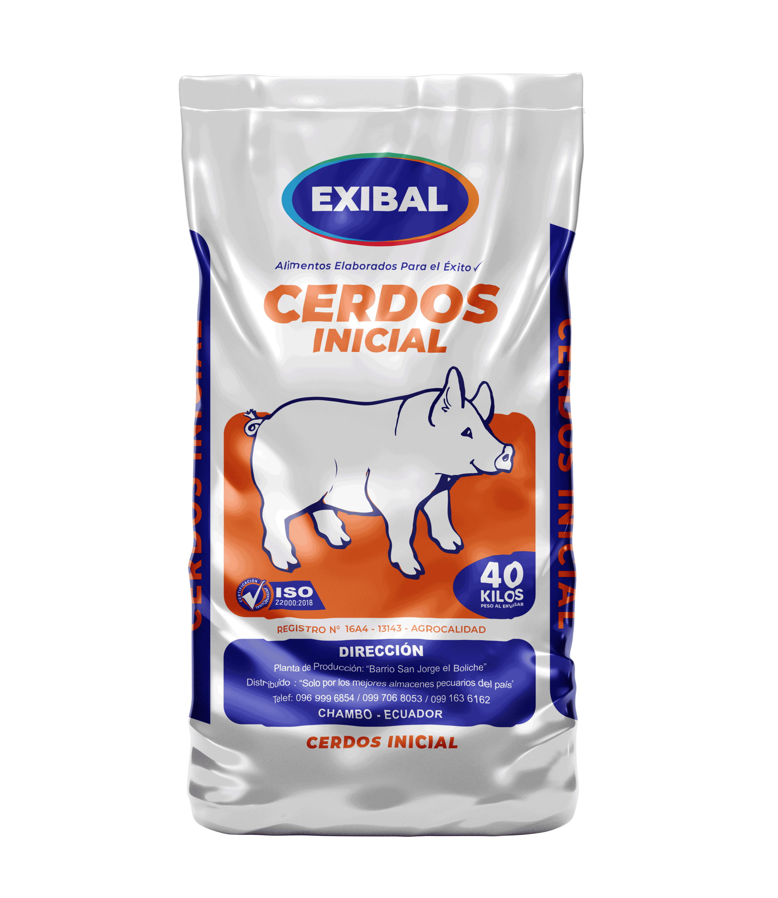 Saco de alimento balanceado para cerdos marca EXIBAL, producto “Cerdos Inicial”, presentación de 40 kilos, con ilustración de un cerdo sobre fondo naranja.