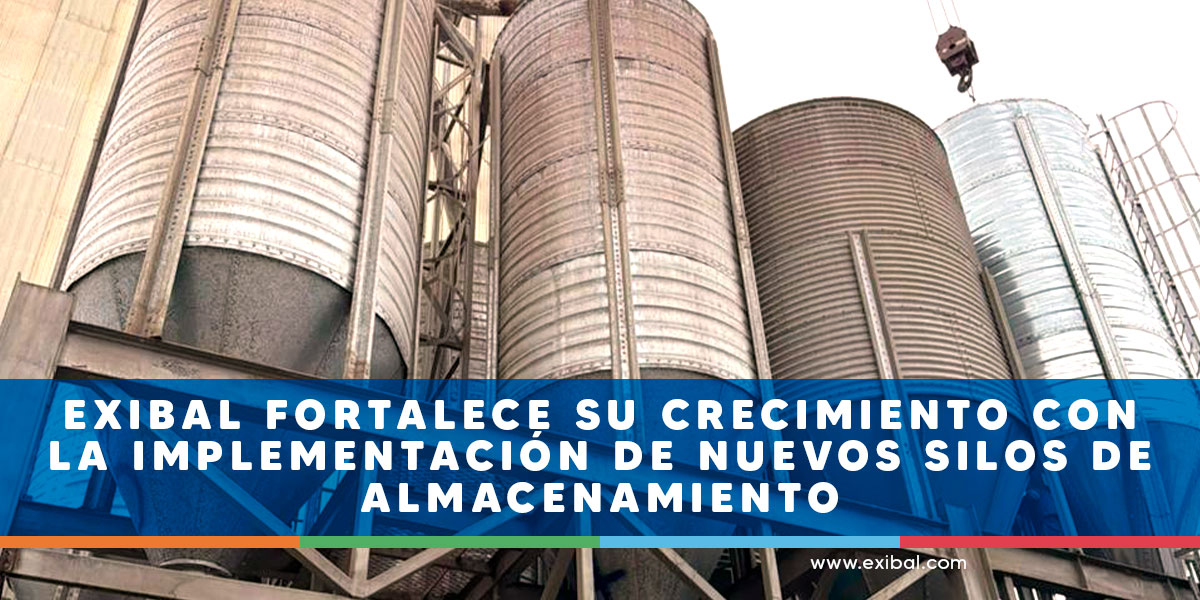 Silos de almacenamiento de acero galvanizado implementados por Exibal como parte de la expansión de su infraestructura productiva.