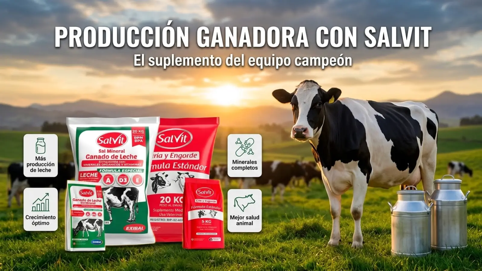 Imagen publicitaria de Salvit con vaca en campo y suplementos minerales para ganado de leche y engorde que mejoran la producción, crecimiento y salud animal.