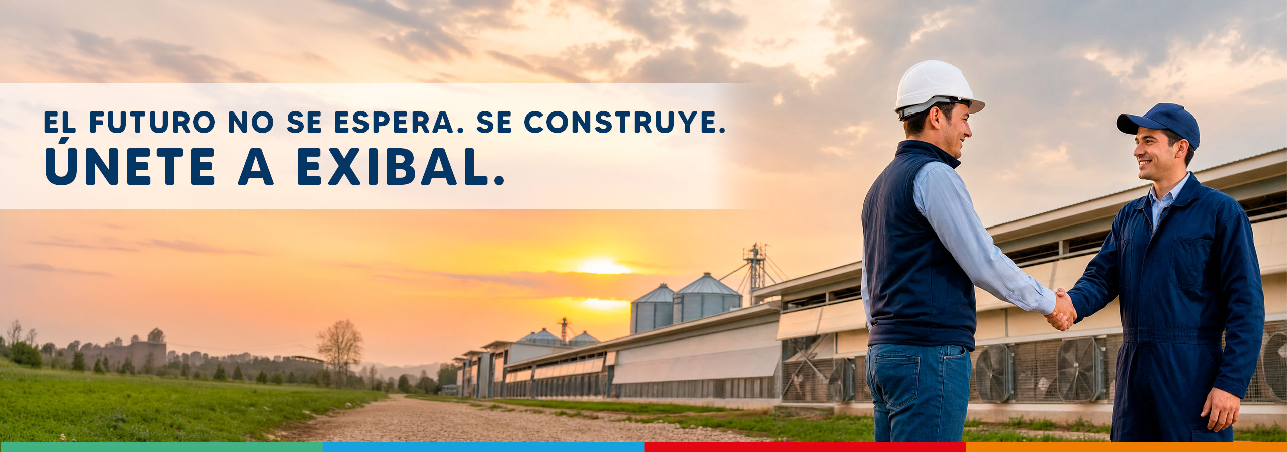 Dos trabajadores dándose la mano en una instalación agroindustrial con la frase Únete a Exibal