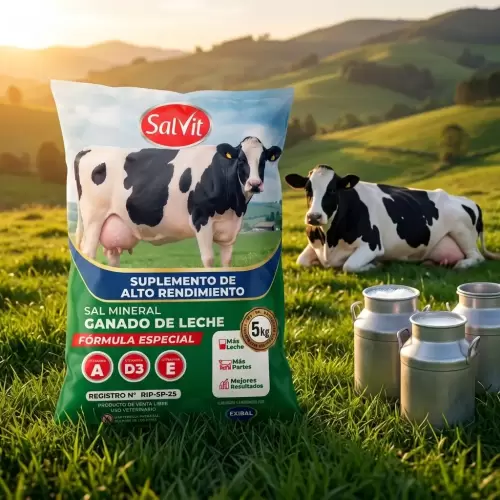 Saco de suplemento SalVit Ganado de Leche en pradera junto a vacas Holstein y cántaros de leche