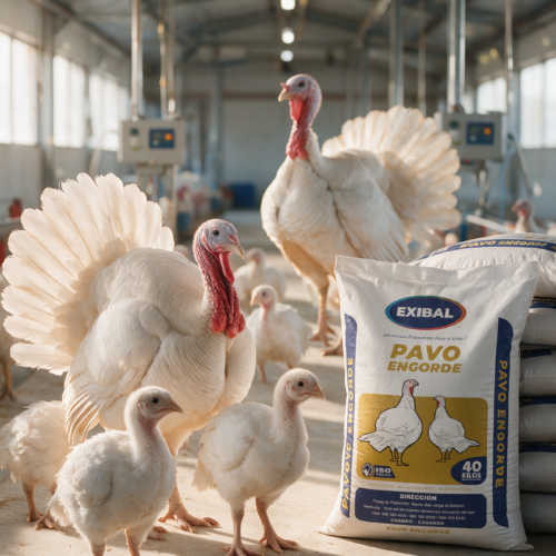 Saco de alimento balanceado para pavos Exibal junto a pavos en galpón avícola