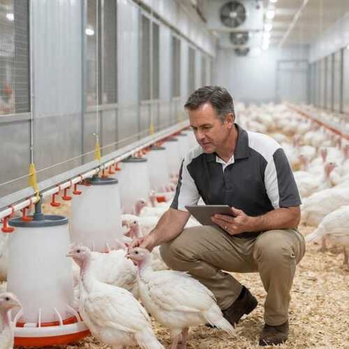 Técnico veterinario inspeccionando pavos con una tablet en una granja avícola moderna de Exibal